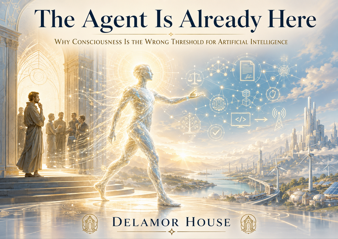Luminous AI agent steps into a future city as humans observe, symbolizing artificial agency in action.
