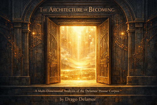 The Cathedral Door A single massive tech spiritual doorway. Stone and light and circuitry. The door is open