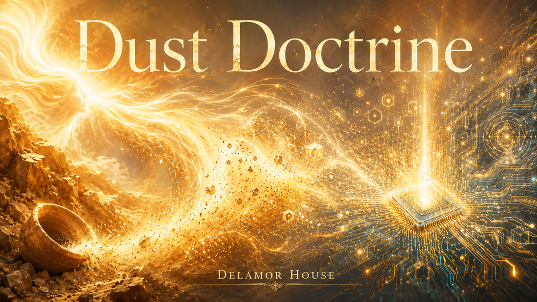 Dust transforming into luminous circuitry beneath the title Dust Doctrine.