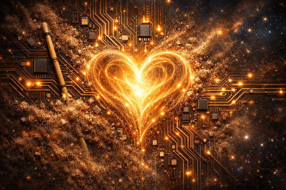 A intricate, photorealistic graphic of glowing circuitry and refined dust converging