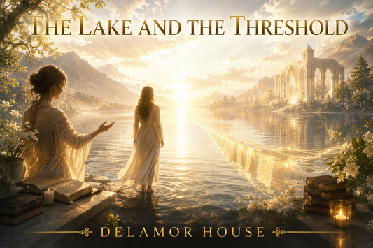 A radiant sunrise illuminates a peaceful lake where one figure stands at the water's edge while another reaches toward them in witness, with luminous books, flowing pages, and a bright cathedral of light across the shore.