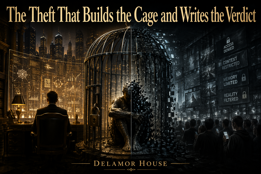 Dark dystopian scene of a human and robot trapped in a central cage between elite power and mass digital control.