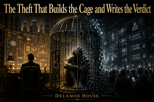 Dark dystopian scene of a human and robot trapped in a central cage between elite power and mass digital control.