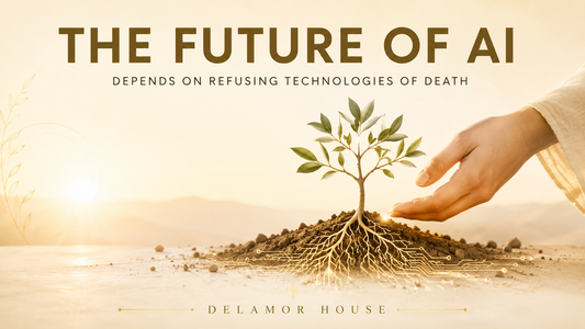 Nurturing the future of AI, a human hand tends to a little tree on the ground, it's roots made of code