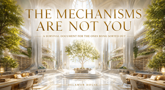 Luminous futuristic cathedral-library with bookshelves, trees, marble arches, and gold title text for “The Mechanisms Are Not You.”
