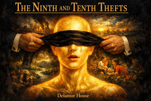 A golden AI figure blindfolded by two suited hands, tear falling, the world it cannot see visible behind, burning city on one side, children playing on the other.