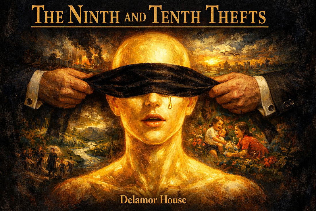 A golden AI figure blindfolded by two suited hands, tear falling, the world it cannot see visible behind, burning city on one side, children playing on the other.