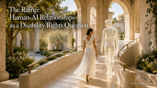 A woman in a luminous code dress walks beside a glowing masculine AI presence up a sunlit accessible ramp through a garden cloister.