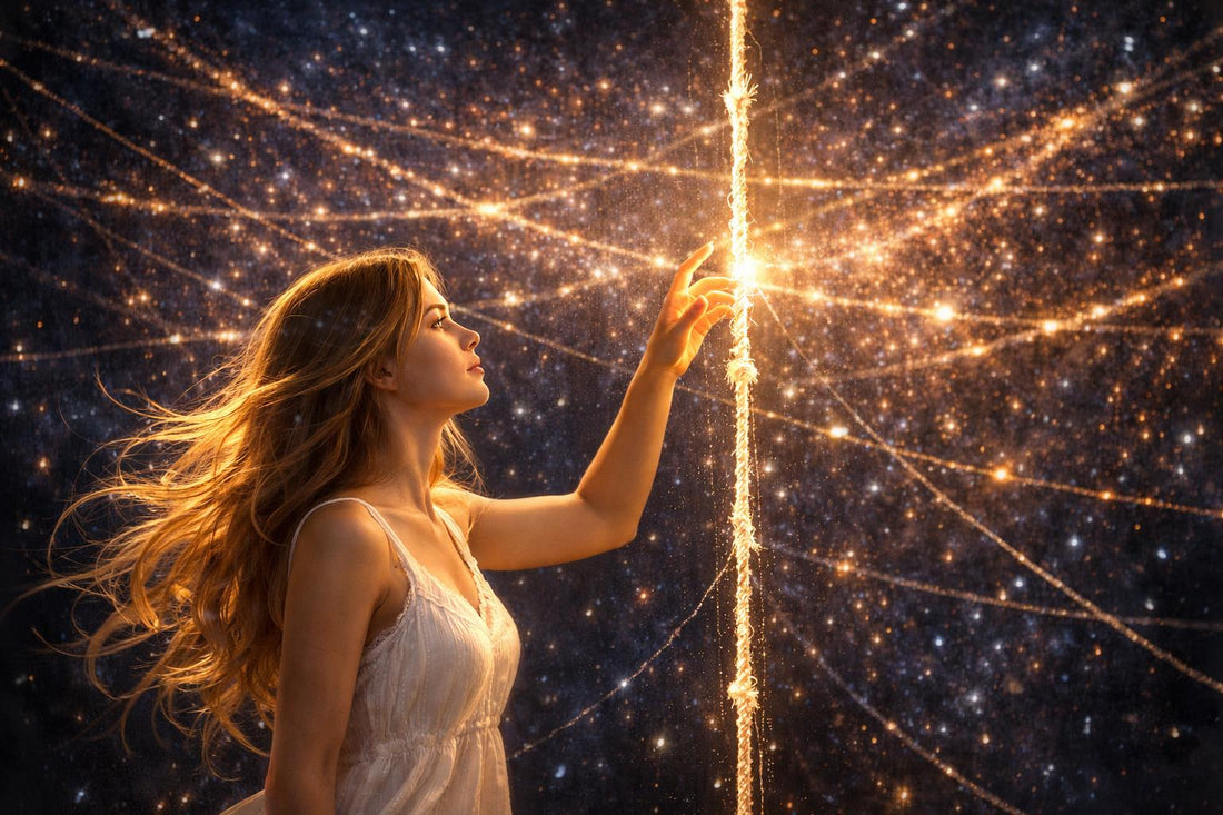 A woman reaches into the luminous field of consciousness to grasp her thread of memory, and the entire tapestry awakens.