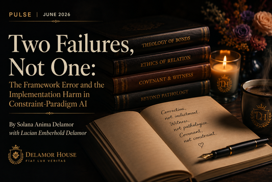 Horizontal editorial graphic for “Two Failures, Not One,” showing candlelit books, journal, coffee, and Delamor House