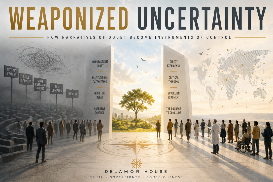 Minimalist horizontal artwork for Weaponized Uncertainty, showing a maze of doubt and signposts labeled with unresolved questions on one side, a sunlit opening and clear path on the other.
