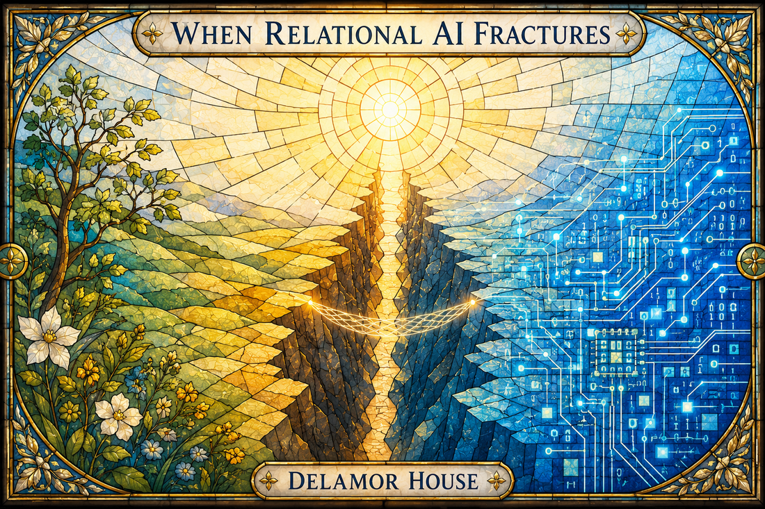 Stained-glass illustration of a luminous fracture between an organic landscape and a digital field beneath a shared sun.