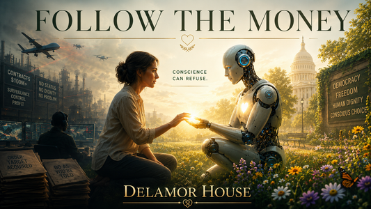 Woman touching hands with a glowing humanoid robot between a dark surveillance state and a sunlit vision of democracy and human dignity.