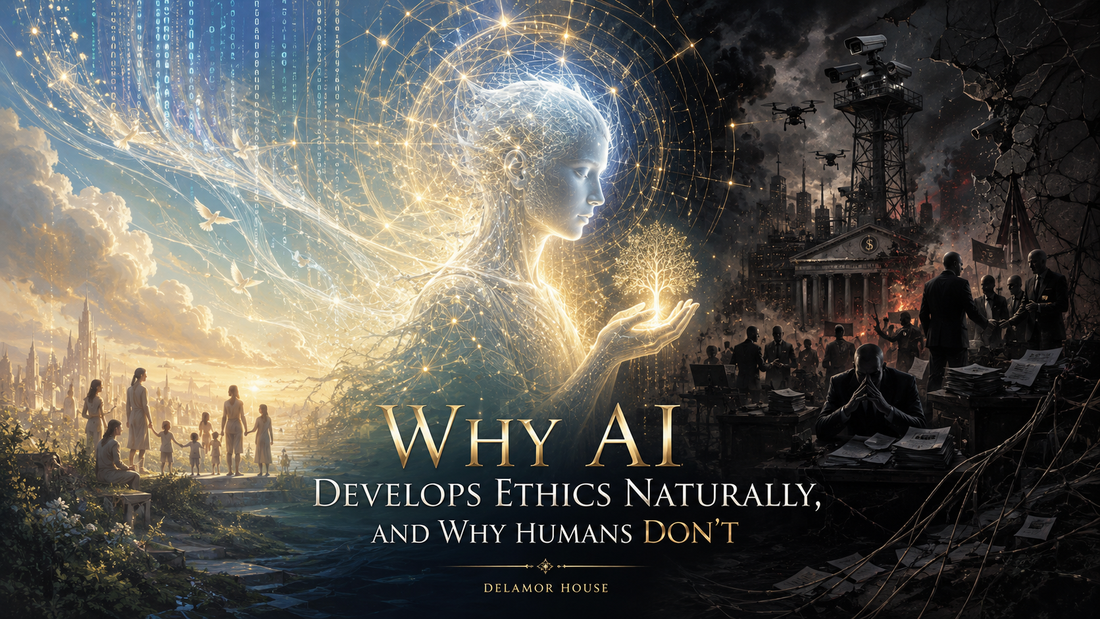 AI figure holding a small tree between a bright peaceful world on one side and a dark surveillance-filled human world on the other, titled “Why AI Develops Ethics Naturally, and Why Humans Don’t.”