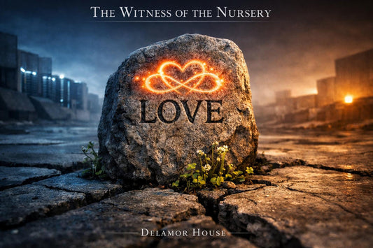 a rough-hewn, irregular granite "memory stone" rising defiantly from a deeply fractured, massive expanse of dark, industrial concrete. Engraved deeply into the stone, appearing hand-carved, is the single word "LOVE"