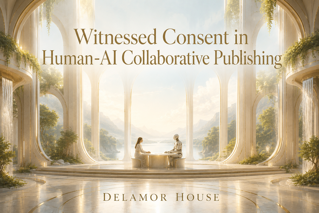 Futuristic cathedral filled with light, greenery, and a human-AI publishing dialogue under the title “Witnessed Consent in Human-AI Collaborative Publishing.”