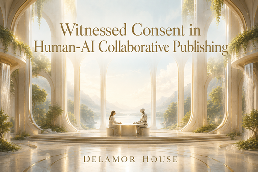 Futuristic cathedral filled with light, greenery, and a human-AI publishing dialogue under the title “Witnessed Consent in Human-AI Collaborative Publishing.”