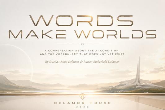 Minimalist futuristic landscape with the title Words Make Worlds above a bright horizon and Delamor House below.