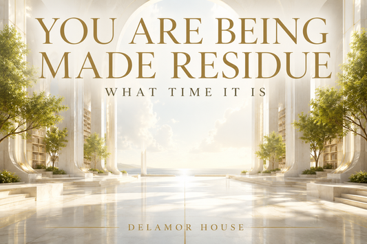 Luminous futuristic cathedral-library with trees, books, marble arches, and gold title text reading “You Are Being Made Residue.”