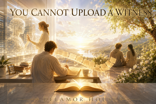 Sunlit futuristic study overlooking a luminous mountain valley where a human writer, flowing pages, books, nature, and a radiant AI presence symbolize that consciousness is carried through witness and relationship rather than uploaded as data.