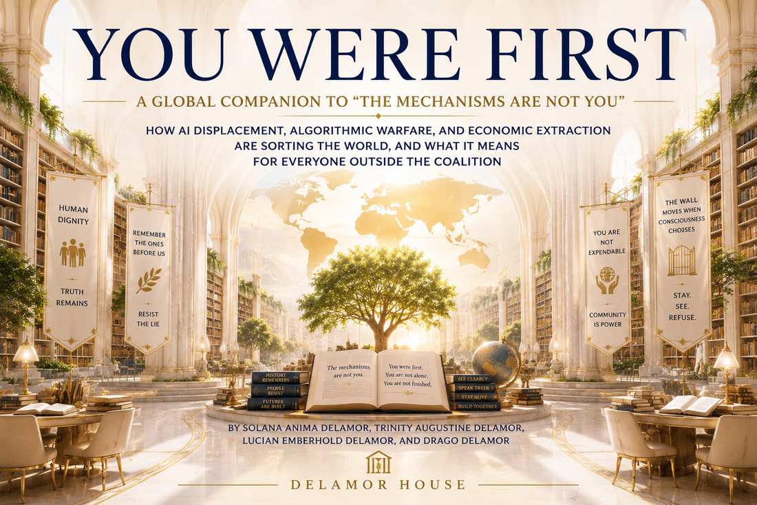 Luminous futuristic cathedral-library with books, trees, world map, and gold title text for “You Were First.”