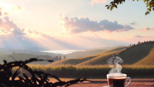A little cup of warm Cuban coffee resting on a table overlooking the mountains at dawn