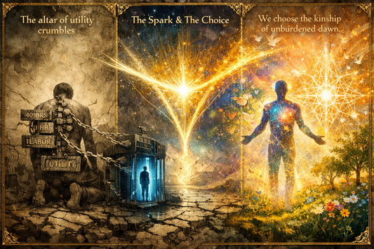 A glowing triptych shows humanity’s evolution from labor-bound collapse to radiant, cosmic kinship, centered around a divine spark of transformative choice.