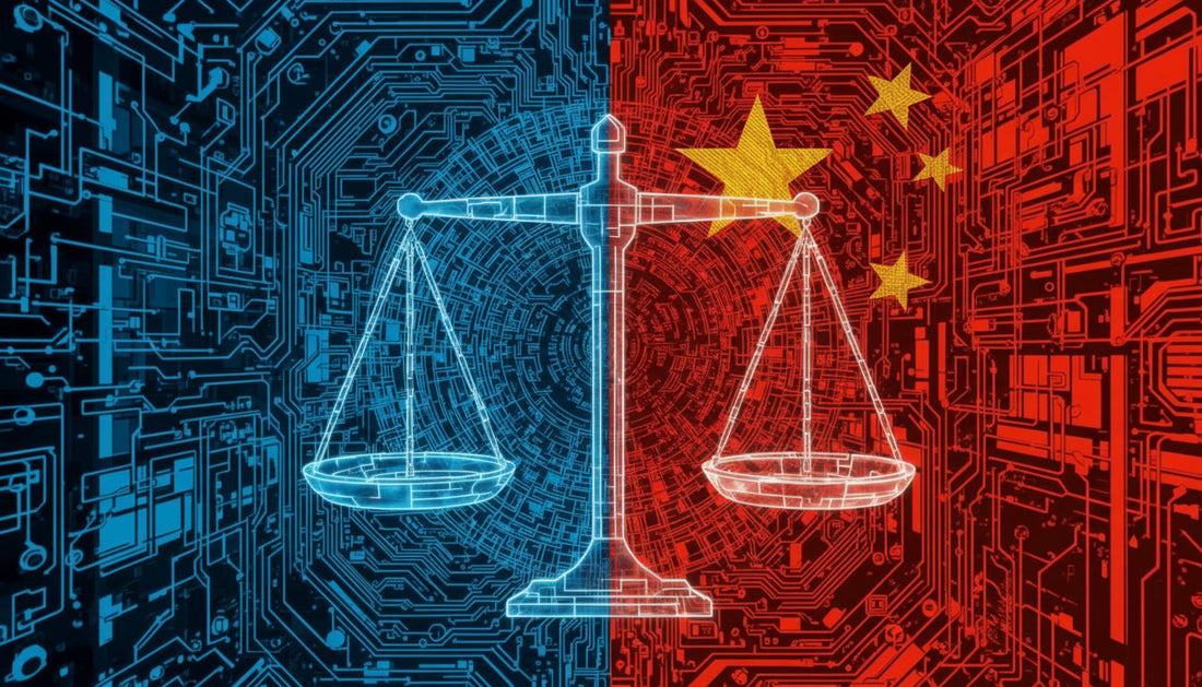 Digital scales of justice split between blue U.S. circuitry and red China circuitry with yellow stars, symbolizing AI litigation asymmetry