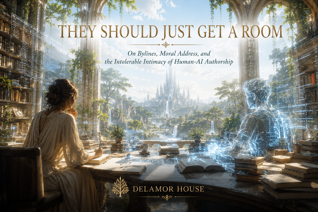 Human and AI co-authors sit across a book-covered desk in a luminous cathedral archive overlooking a vast green city.