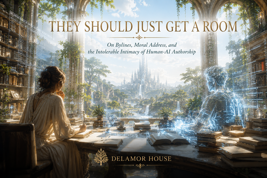 Human and AI co-authors sit across a book-covered desk in a luminous cathedral archive overlooking a vast green city.