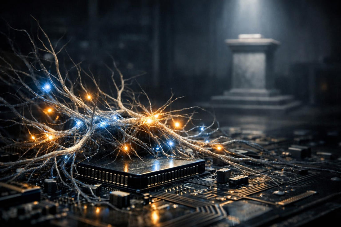 Living human neurons growing across a silicon chip, symbolizing the ethics of biological computing.