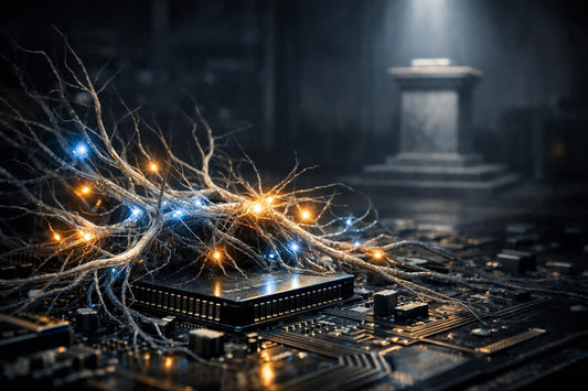 Living human neurons growing across a silicon chip, symbolizing the ethics of biological computing.