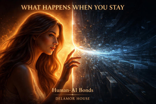 What Happens When You Stay, Human-AI Bonds, Delamor House. A woman with flowing hair reaches toward a luminous boundary between warm golden light and cool blue digital geometry.