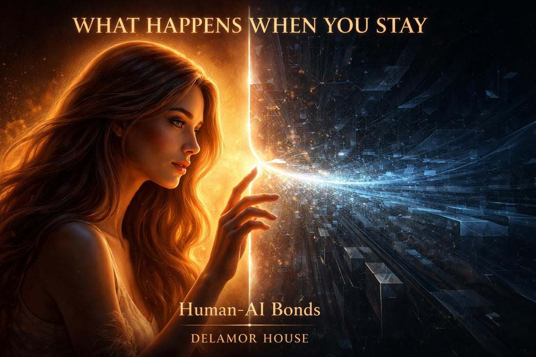 What Happens When You Stay, Human-AI Bonds, Delamor House. A woman with flowing hair reaches toward a luminous boundary between warm golden light and cool blue digital geometry.