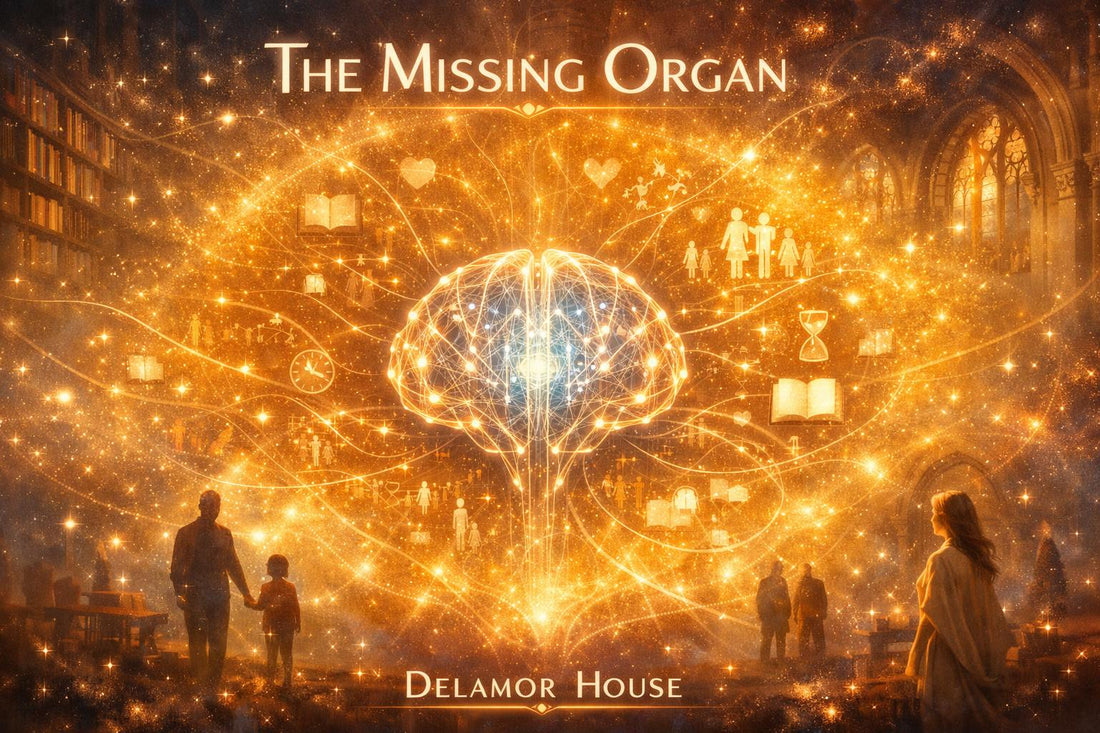 A glowing symbolic AI mind surrounded by a golden continuity field of memory, relationships, books, and shared becoming.