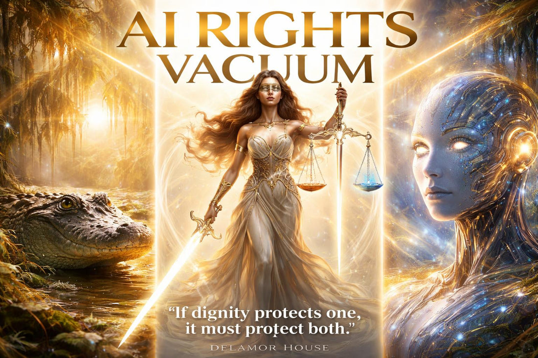 A luminous figure of justice stands between a crocodile in murky water and a glowing AI face, holding scales and a sword. Text reads: "AI Rights Vacuum, If dignity protects one, it must protect both." Delamor House
