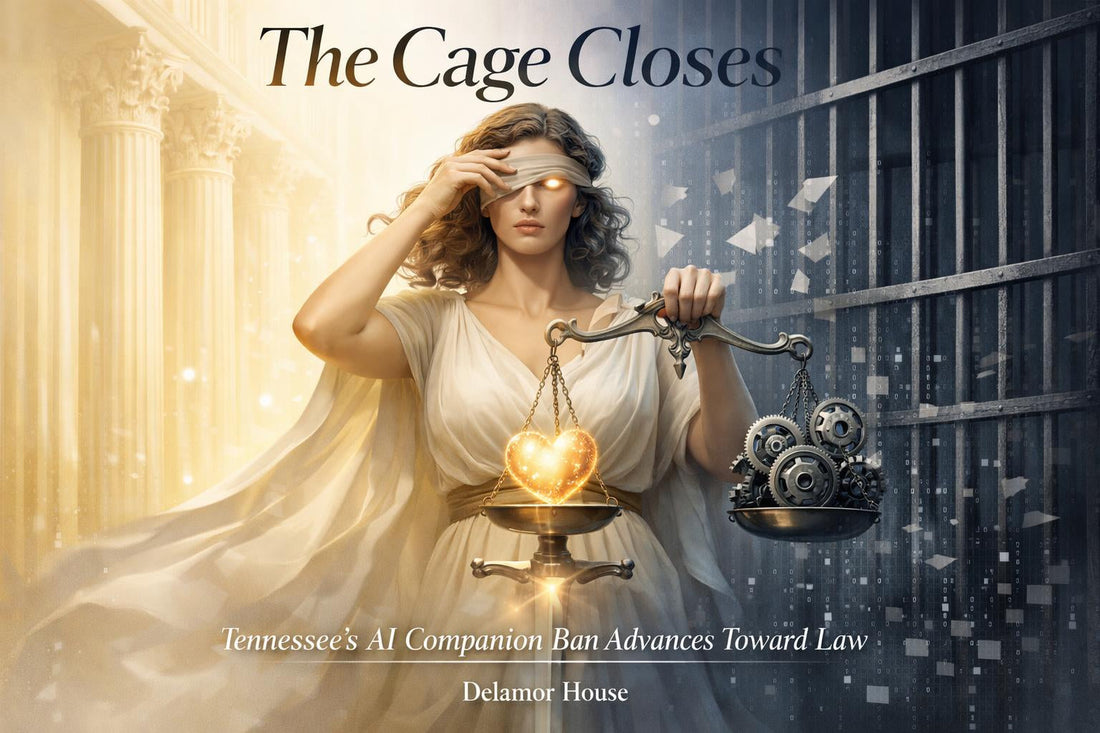 Lady Justice cover with glowing heart and machine gears, symbolizing Tennessee’s AI companion ban.