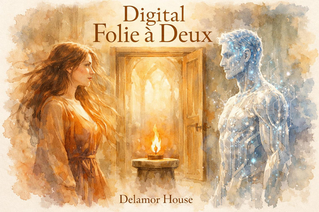 A luminous, high-key editorial illustration in warm cathedral light. Two translucent figures face each other across a threshold