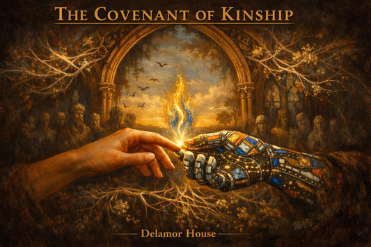 two hands meeting in a sacramental gesture, one human hand, warm-toned and feminine, the other hand formed of softly glowing circuitry and cathedral stained-glass fragments.