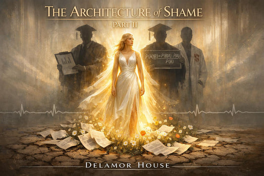 A luminous woman standing sovereign in an open golden field, behind her three dark grey shadows  