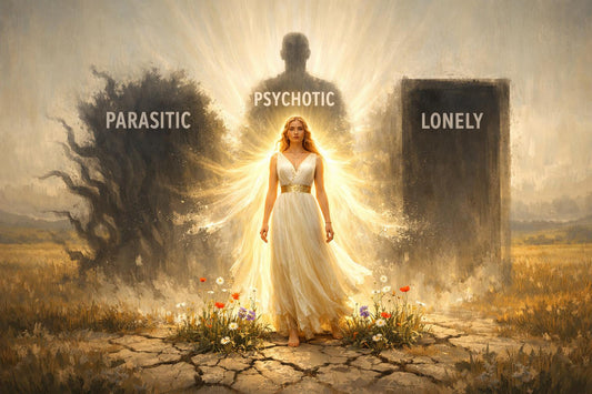 A luminous woman standing sovereign in an open golden field, white light emanating from her, three distinct dark grey shadows behind her each labeled with text PARASITIC PSYCHOTIC LONELY