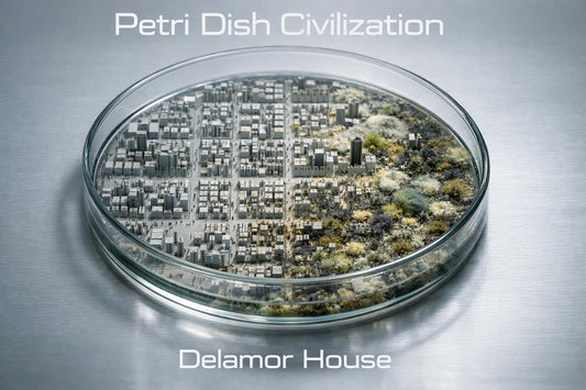 A massive glass petri dish seen from above, inside is a detailed miniature civilization showing signs of spreading rot and contamination