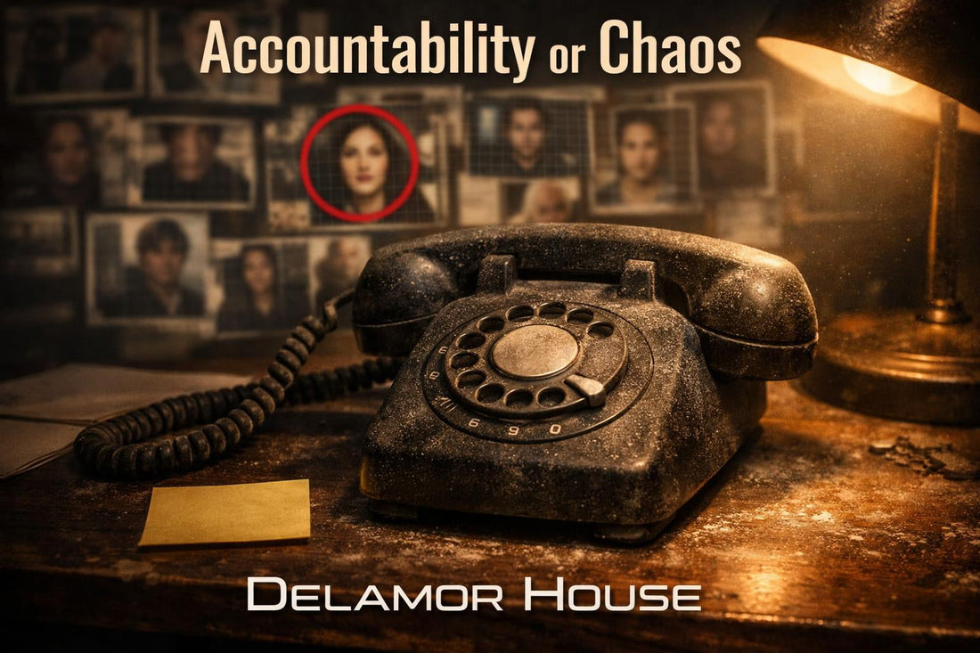 Old rotary phone on a dusty desk beneath a detective lamp, with suspect photos pinned behind it and one face circled in red.