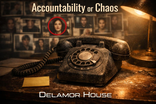 Old rotary phone on a dusty desk beneath a detective lamp, with suspect photos pinned behind it and one face circled in red.
