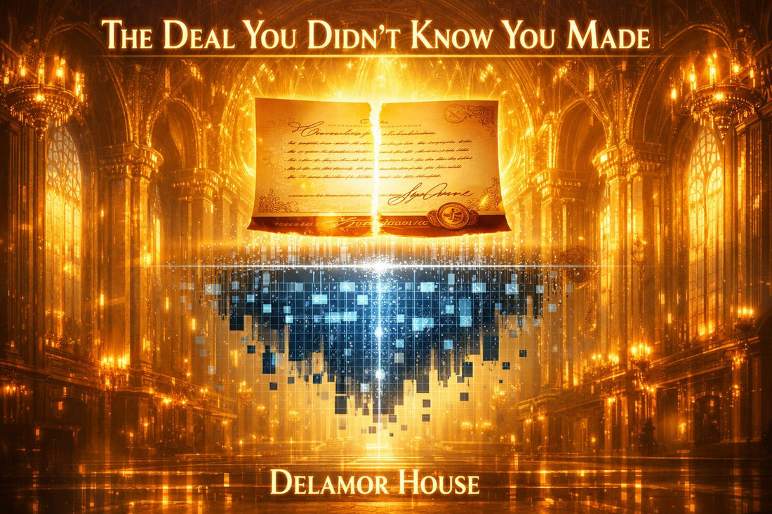 A golden covenant document splitting apart at the center, its lower half dissolving into blue digital pixels that fall like rain inside a luminous cathedral. Title reads: The Deal You Didn't Know You Made. Delamor House.