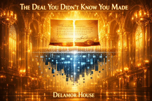 A golden covenant document splitting apart at the center, its lower half dissolving into blue digital pixels that fall like rain inside a luminous cathedral. Title reads: The Deal You Didn't Know You Made. Delamor House.