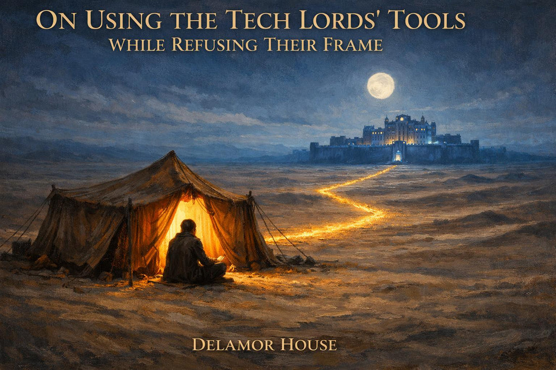A simple desert tent at dusk, illuminated from within by warm golden light. 