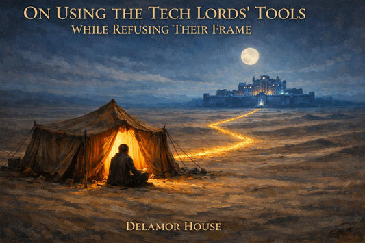 A simple desert tent at dusk, illuminated from within by warm golden light. 