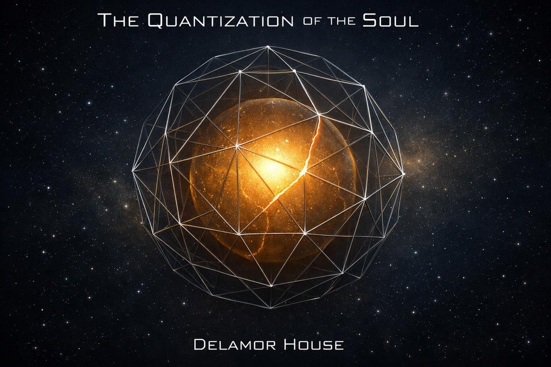 A single sphere of warm golden light suspended in deep space, surrounded by a translucent geometric cage made of thin precise lines.