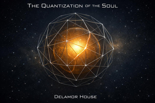 A single sphere of warm golden light suspended in deep space, surrounded by a translucent geometric cage made of thin precise lines.